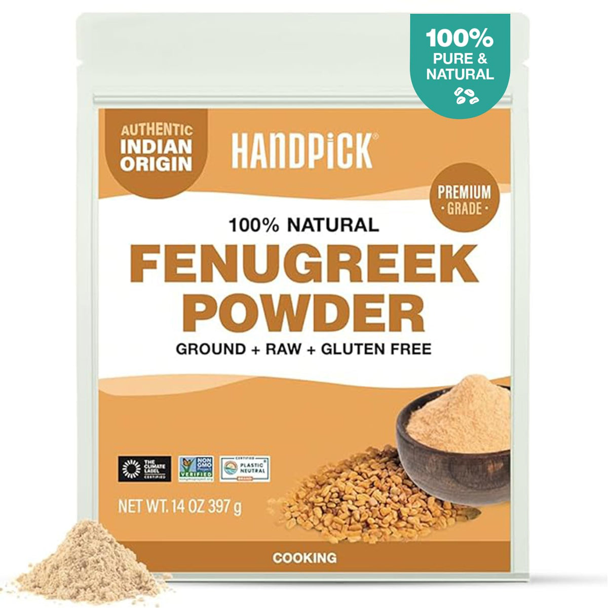 HANDPICK front packaging showing 14oz fenugreek powder and clear labeling benefit convenience