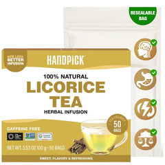 HANDPICK front packaging showing 50-count licorice tea; clear branding and benefit of convenience