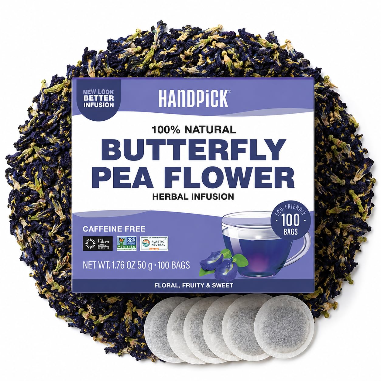 HANDPICK front packaging showing 100 tea bags and product name benefits
