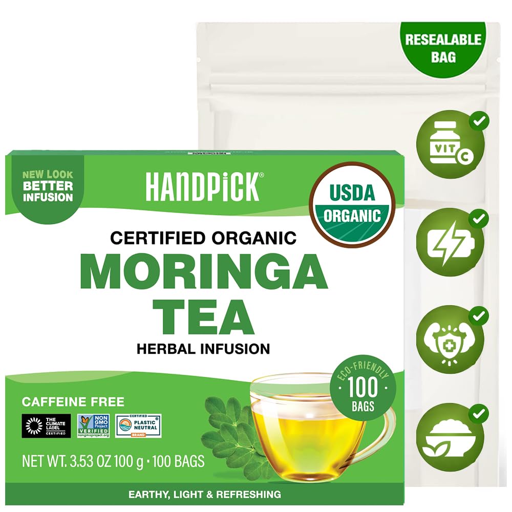 HANDPICK front packaging showing 100 tea bags and branding benefits