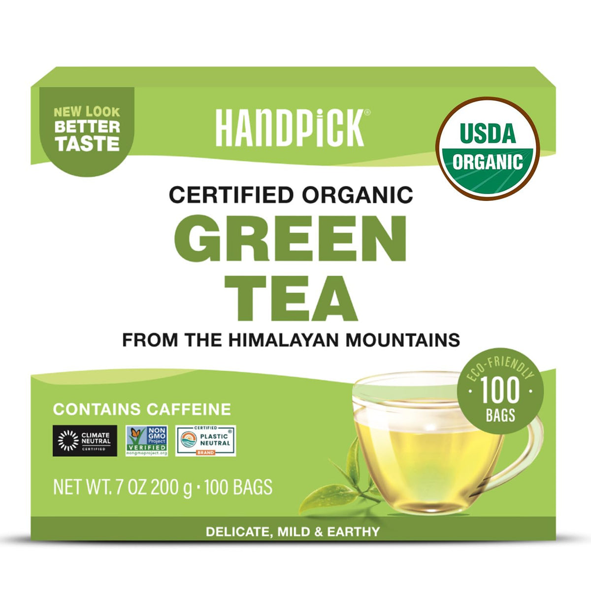 HANDPICK front packaging showing resealable pouch and organic label, keeps tea fresh