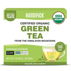 HANDPICK front packaging showing resealable pouch and organic label, keeps tea fresh