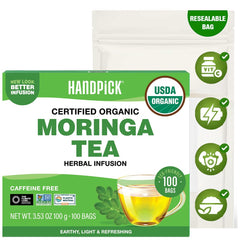 HANDPICK front packaging showing 100 tea bags and branding benefits
