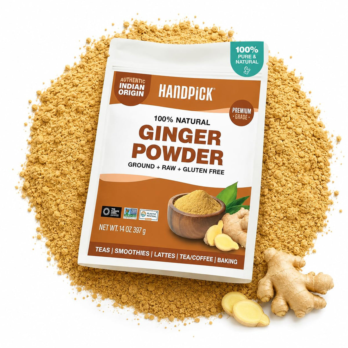 HANDPICK front packaging of 14oz ginger powder showing label and resealable zip