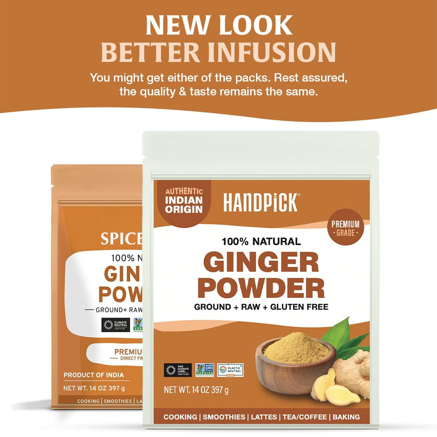 HANDPICK opened resealable pouch of ginger powder demonstrating easy storage