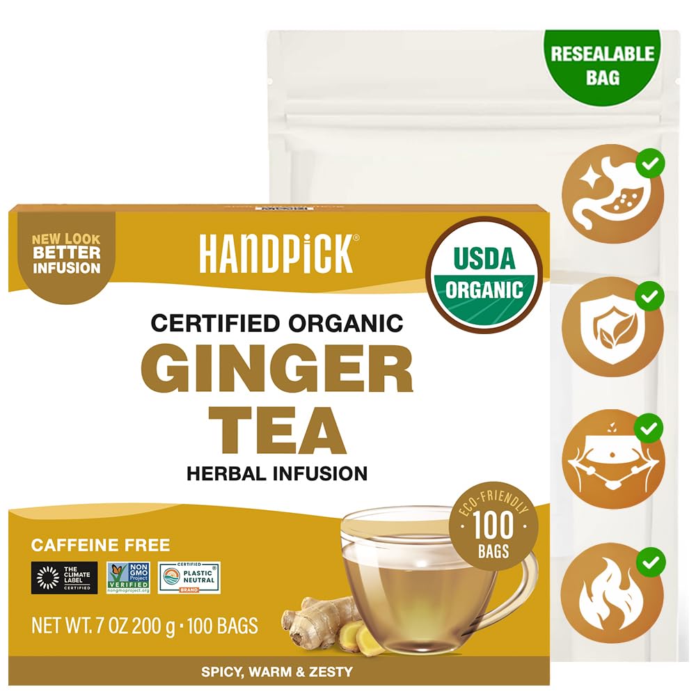 HANDPICK box front view showing 100 ginger tea bags and eco credentials for easy shopping