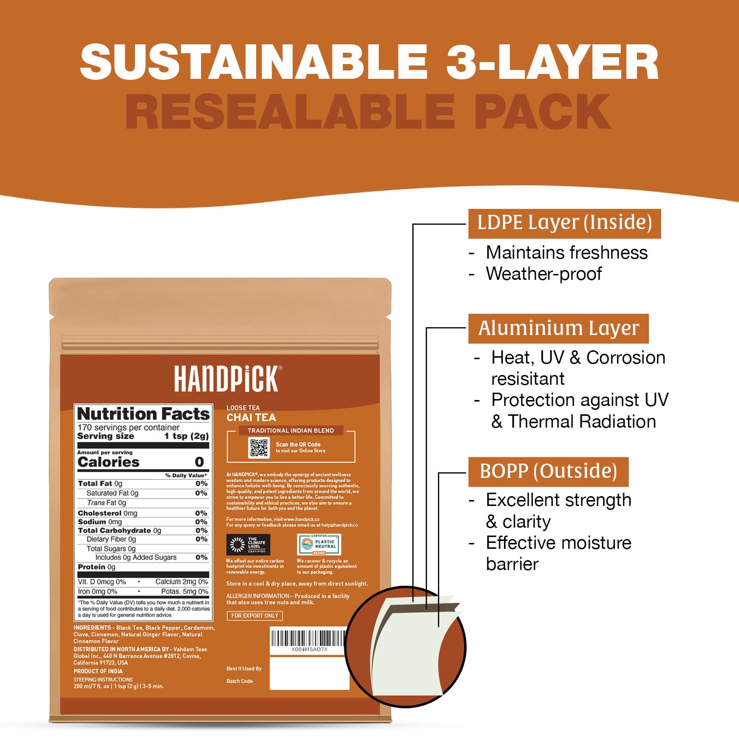 HANDPICK label close-up showing ingredients and transparent quality information