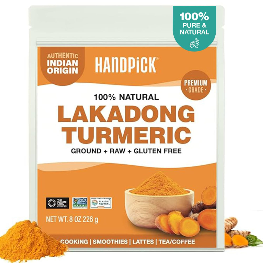 HANDPICK jar front view showing Lakadong turmeric label and bright color benefit