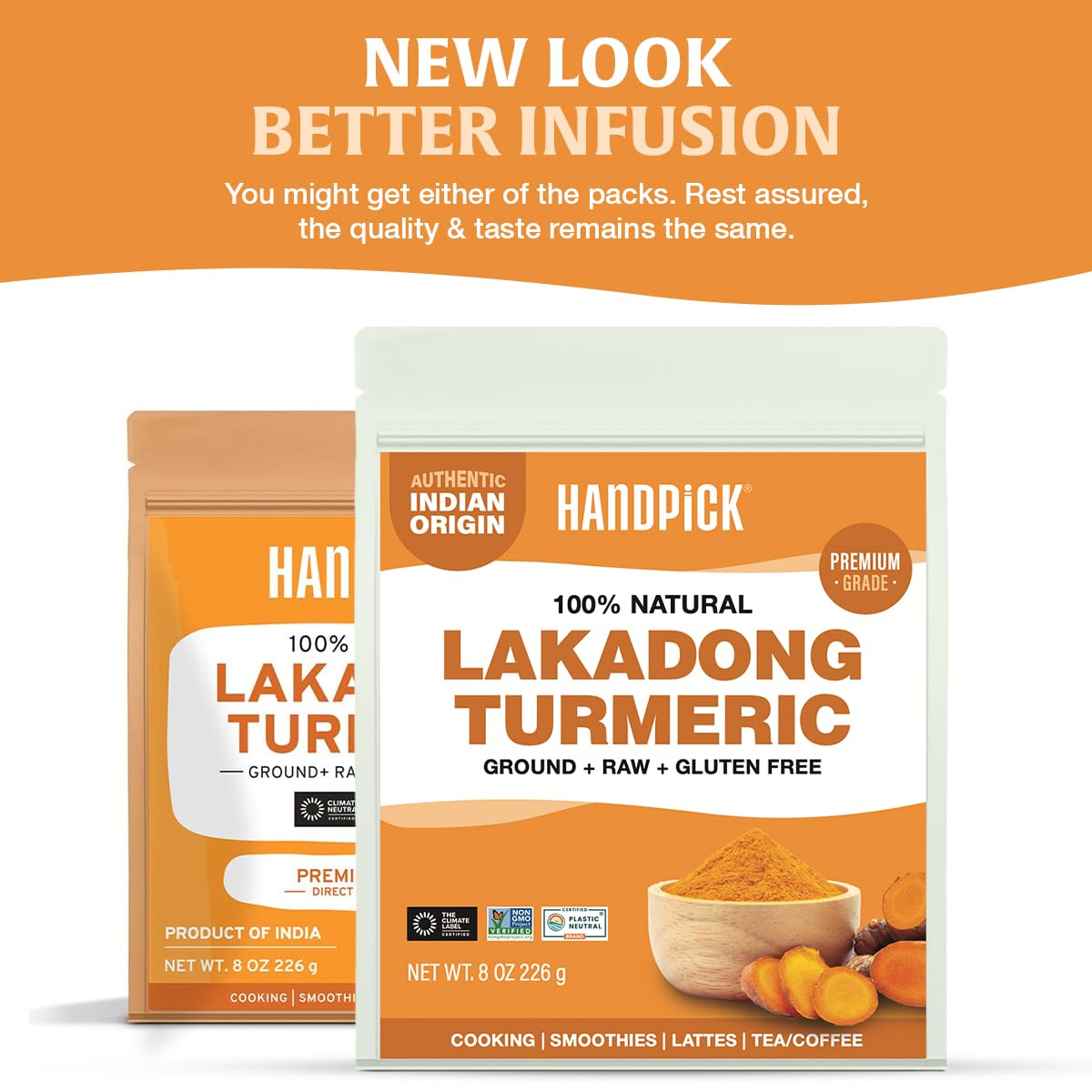 HANDPICK label close-up highlighting origin and high-curcumin benefit
