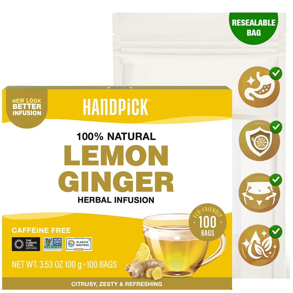 HANDPICK front packaging showing 100 pyramid tea bags and benefits