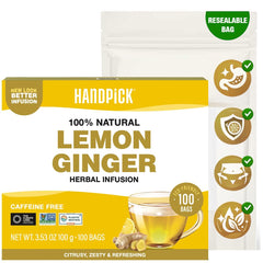 HANDPICK front packaging showing 100 pyramid tea bags and benefits