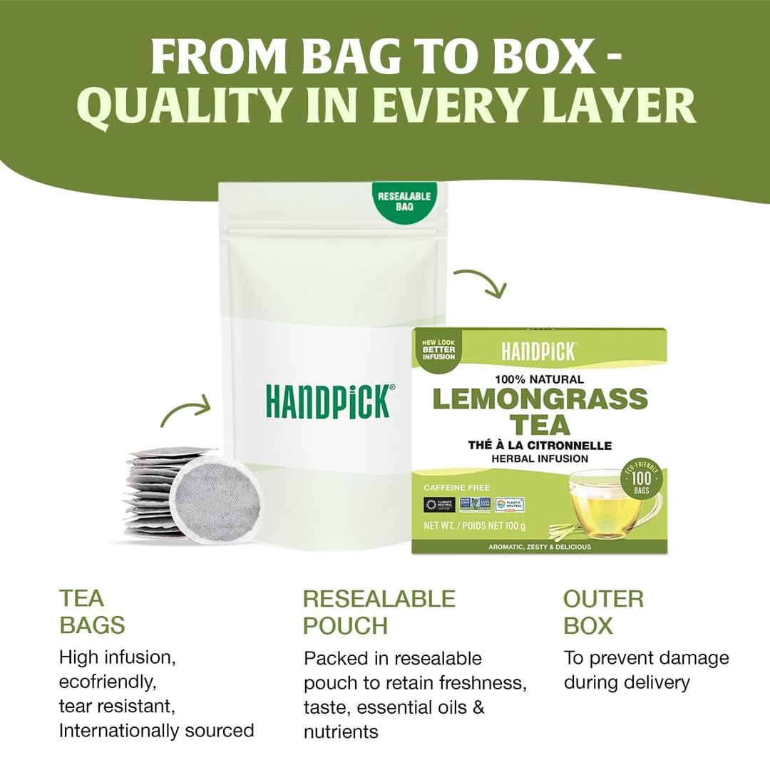 HANDPICK tea bag beside a ruler showing 100-count scale for portion and storage clarity