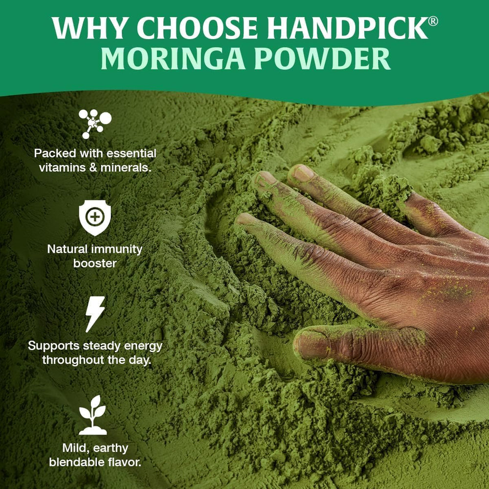 HANDPICK product label detail showing steam-sterilized processing and info