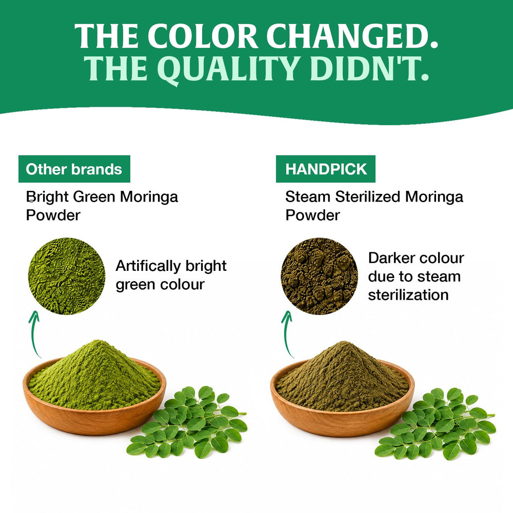 HANDPICK moringa powder close-up highlighting fine texture for smooth blending
