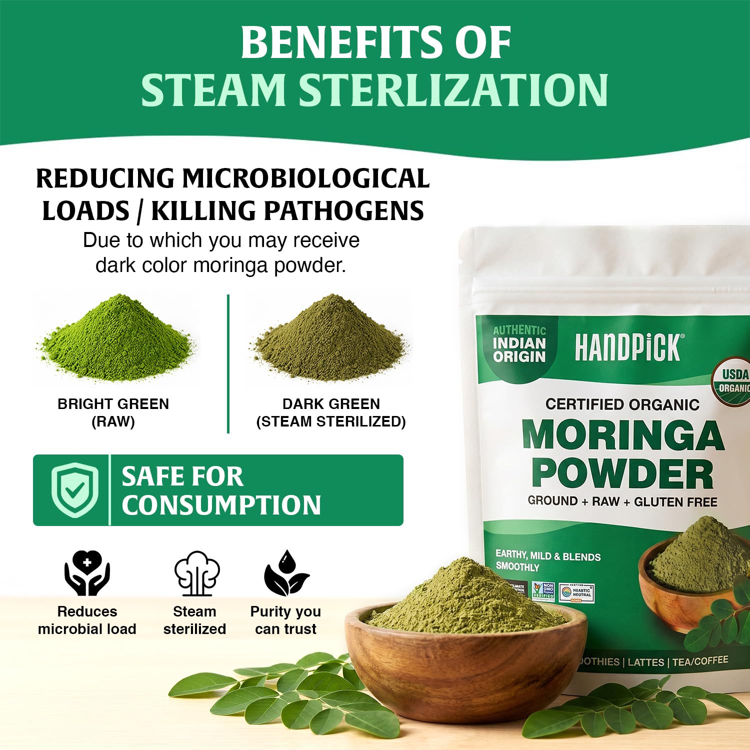 HANDPICK powdered moringa on spoon portion demonstrating easy measuring