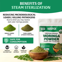 HANDPICK powdered moringa on spoon portion demonstrating easy measuring