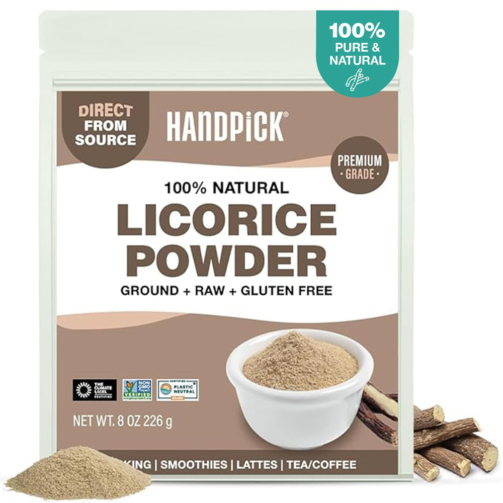 HANDPICK front packaging of mulethi powder showing resealable pouch and label benefit freshness