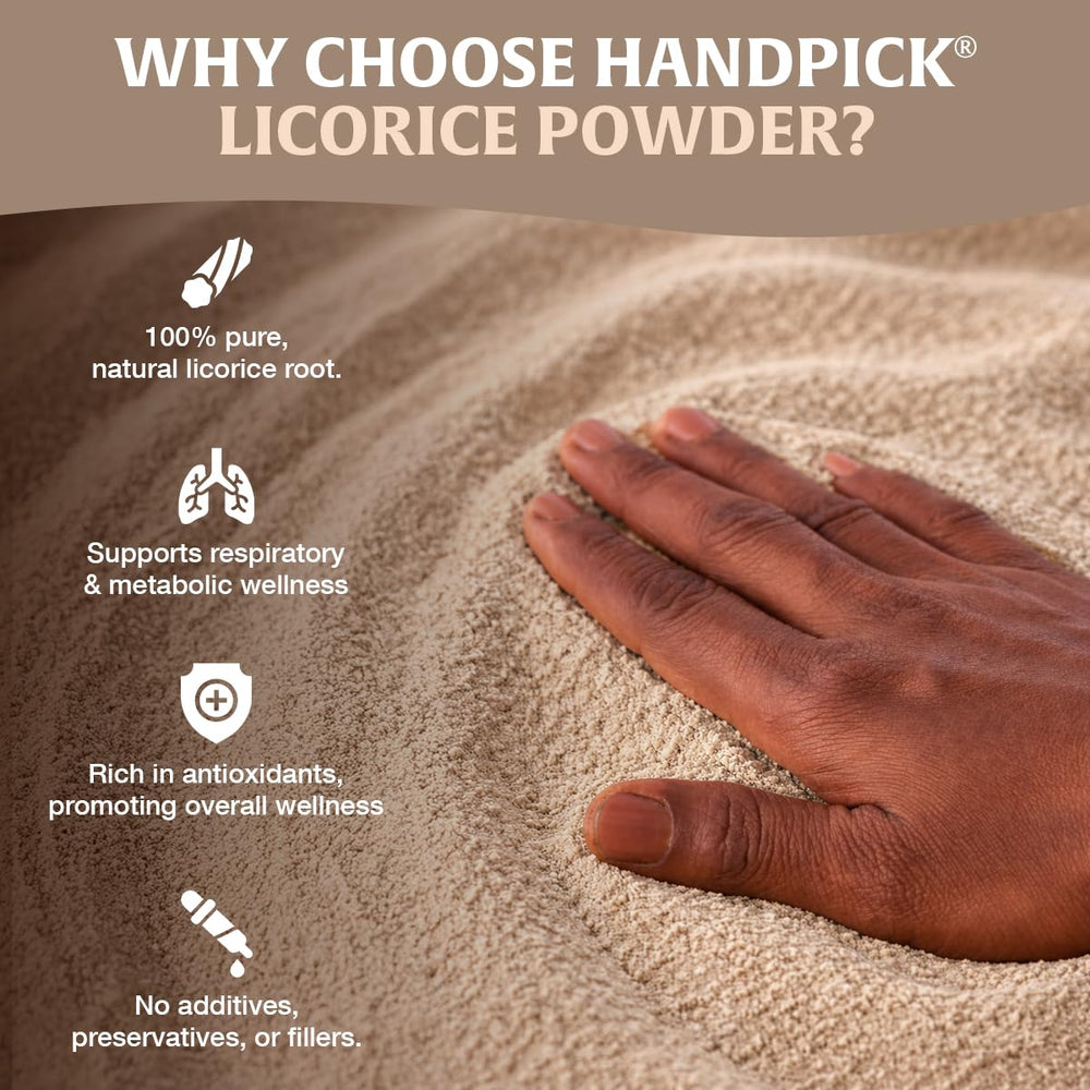 HANDPICK mulethi powder texture close-up showing fine grind and natural color benefit