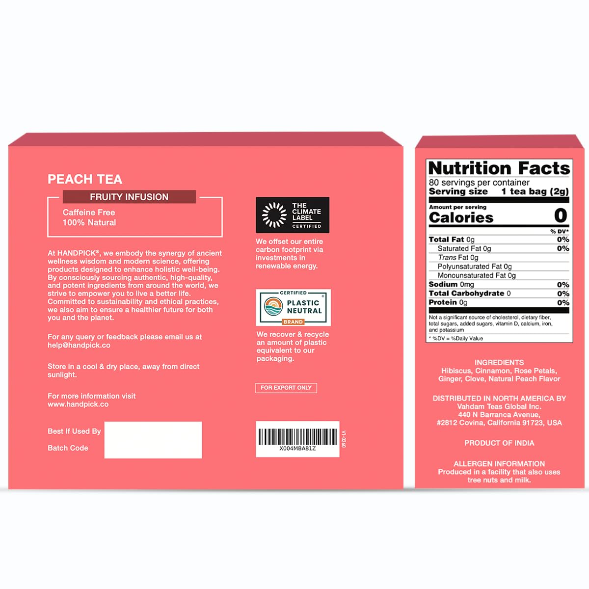HANDPICK product label with sustainability badges showing carbon-neutral and plastic-neutral benefit
