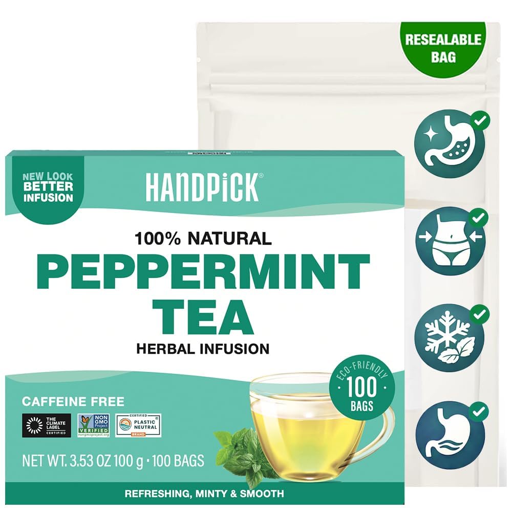HANDPICK front packaging showing 100-count peppermint tea and sustainable message