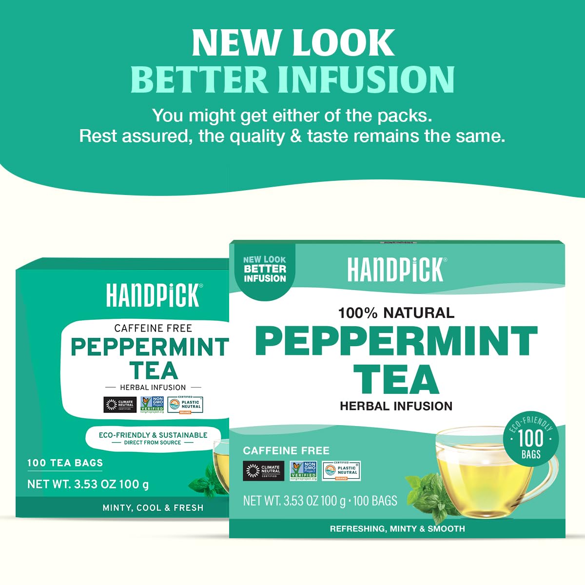 HANDPICK open box with neatly arranged eco-conscious peppermint tea bags