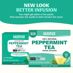 HANDPICK open box with neatly arranged eco-conscious peppermint tea bags