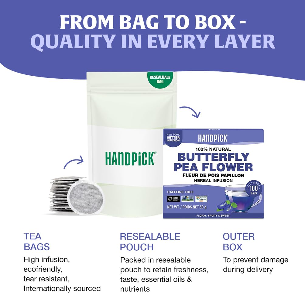 HANDPICK open sachet with dried butterfly pea flowers highlighting natural ingredient benefit