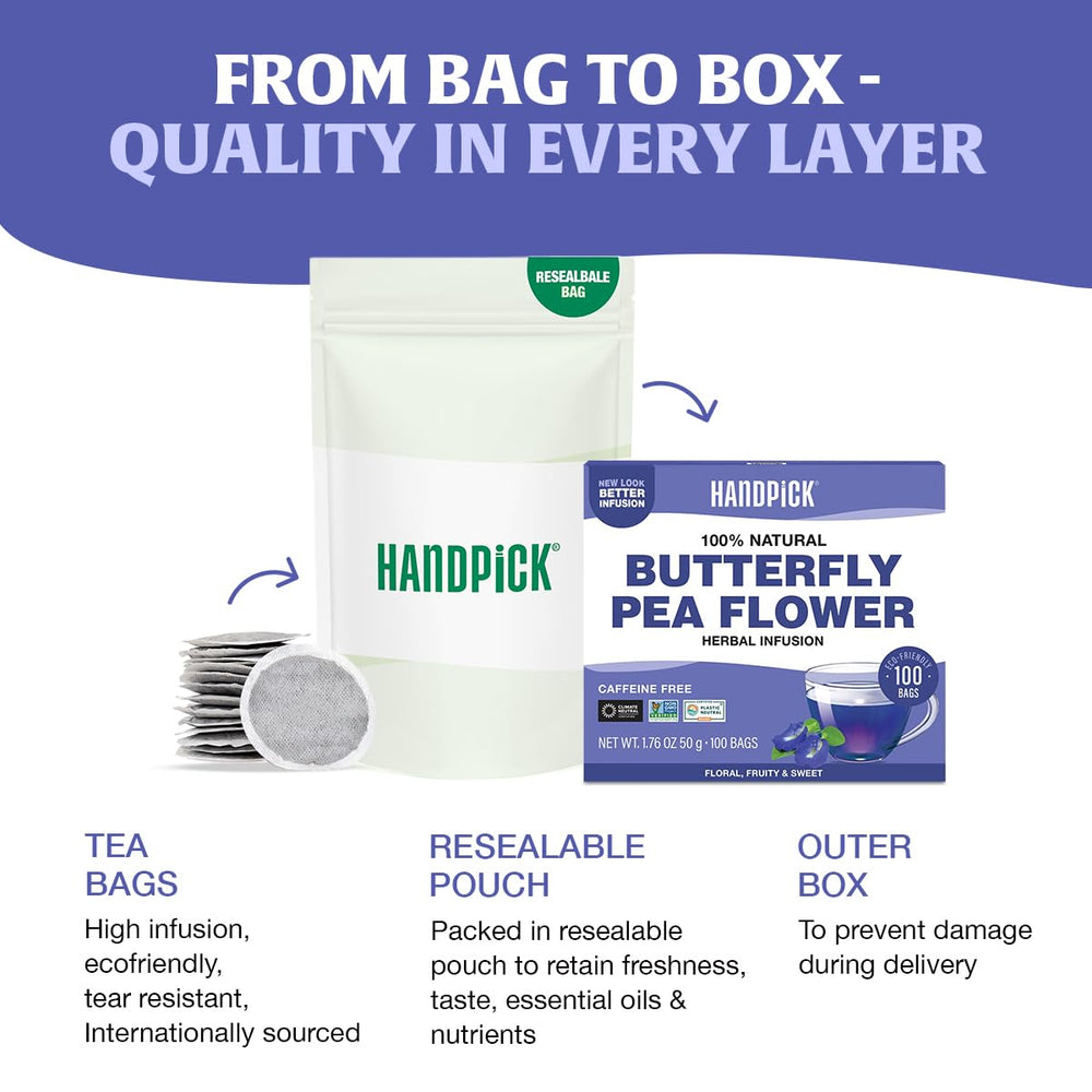 HANDPICK tea bag in hand for scale showing portion size and convenience benefit