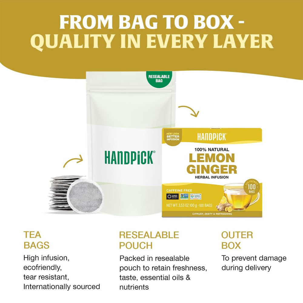 HANDPICK tea bag next to measuring spoon showing one-bag serving size