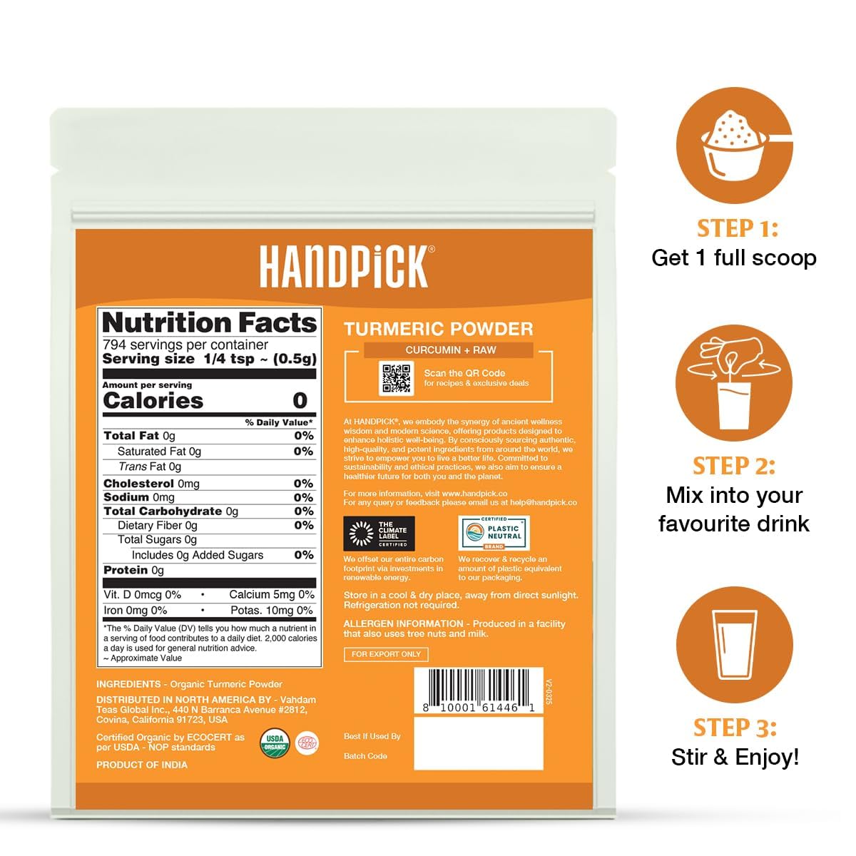 HANDPICK close-up of fine turmeric powder texture highlighting smooth grind and vivid color