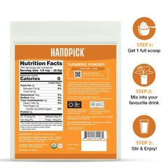 HANDPICK close-up of fine turmeric powder texture highlighting smooth grind and vivid color