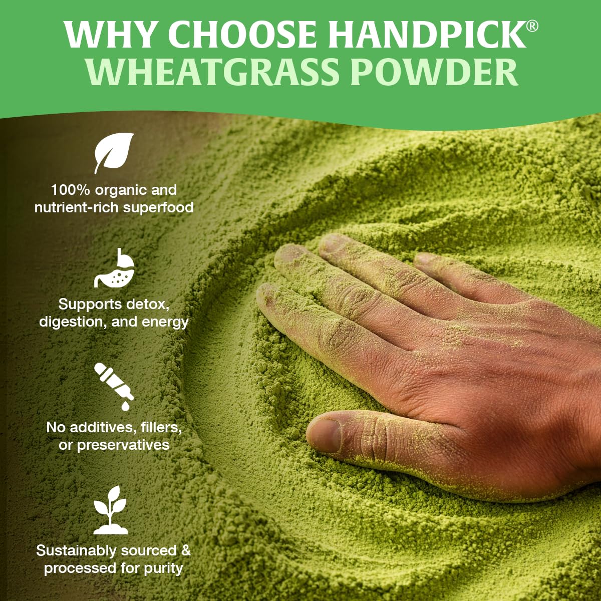 HANDPICK close-up powder texture showing fine grind for smooth mixing