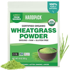 HANDPICK front pouch showing organic wheatgrass powder and resealable packing benefits