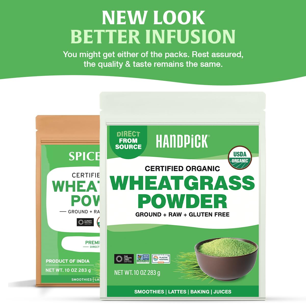HANDPICK heap of green wheatgrass powder highlighting fresh color and easy use