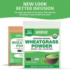HANDPICK heap of green wheatgrass powder highlighting fresh color and easy use