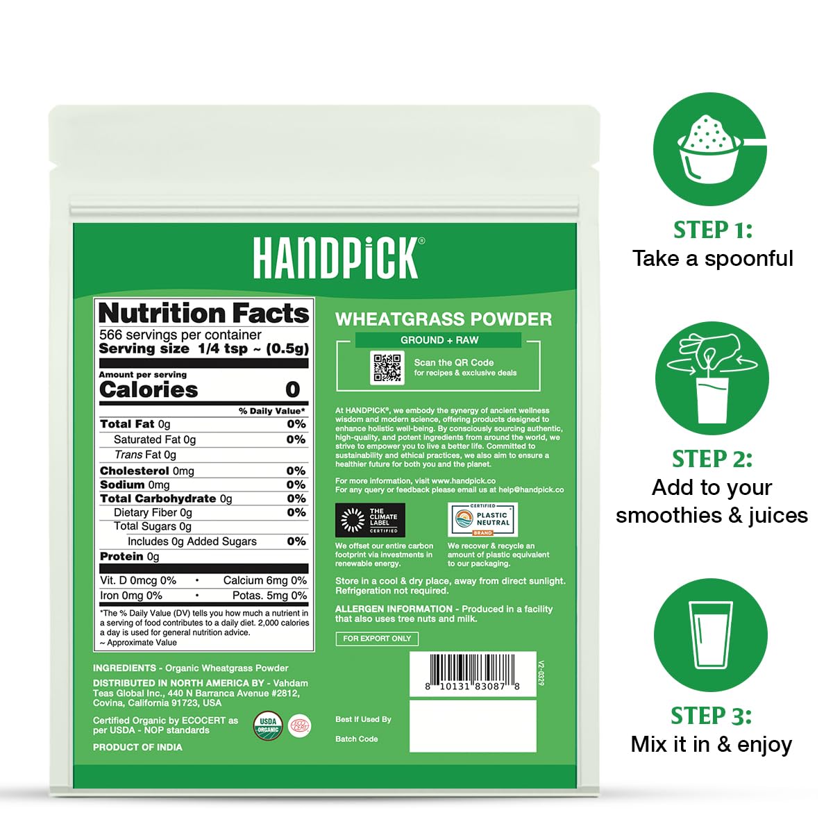 HANDPICK pouch next to measuring spoon showing 10oz scale and portion guidance