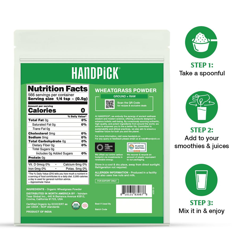 HANDPICK pouch next to measuring spoon showing 10oz scale and portion guidance
