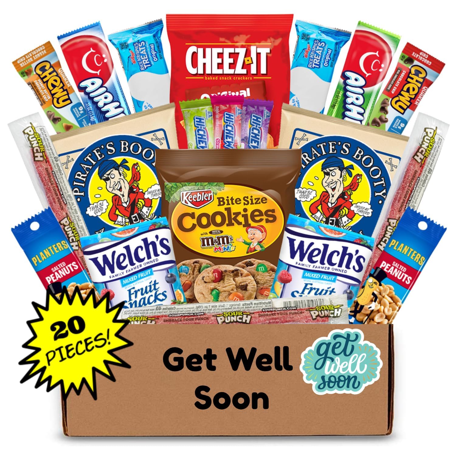 Hangry Kit open box overhead view displaying 20 diverse snacks inside