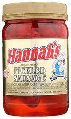 Hannah's jar front view showing pickled sausage and label, convenient ready-to-eat snack