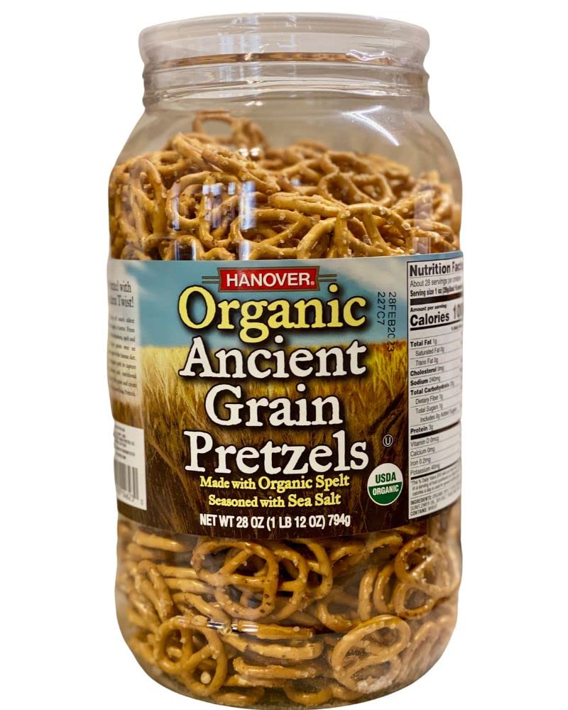 Hanover spelt pretzels front barrel showing package and resealable lid, convenient storage benefit