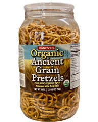 Hanover spelt pretzels front barrel showing package and resealable lid, convenient storage benefit