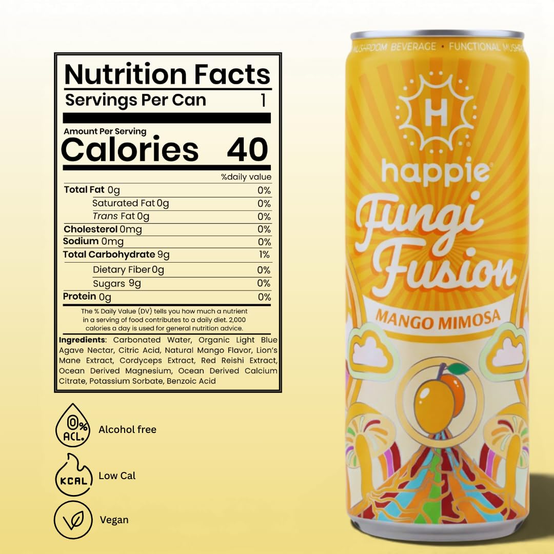 Happie Fungi Fusion label close-up highlighting mushroom dosages and vegan claim