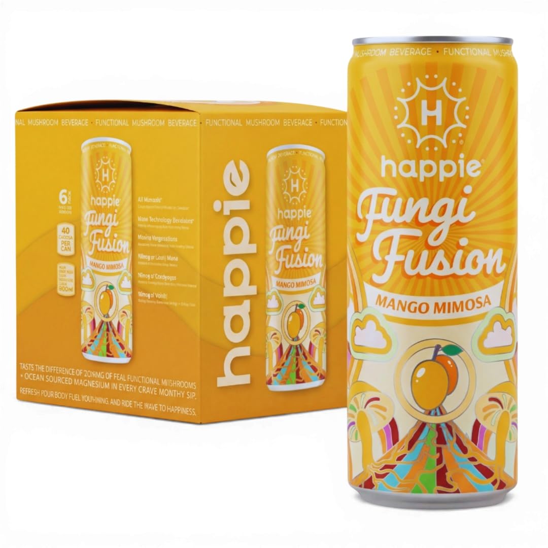 Happie Fungi Fusion front packaging showing mango mimosa flavor and benefits