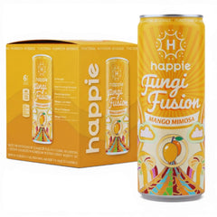 Happie Fungi Fusion front packaging showing mango mimosa flavor and benefits