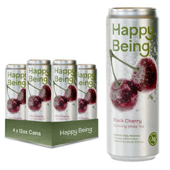 happy being front can showing label and black cherry flavor, highlights clean ingredients