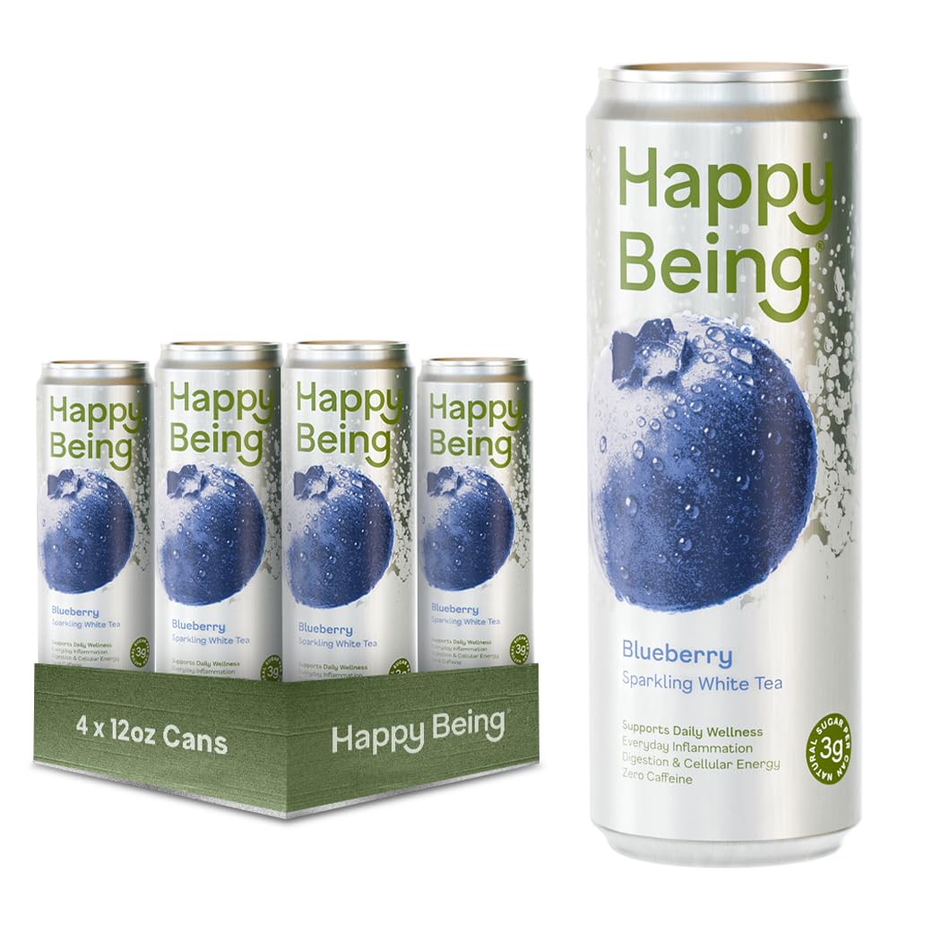 happy being front packaging showing can design and blueberry flavor benefits