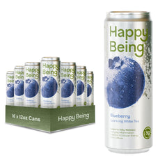 happy being blueberry sparkling white tea front can showing branding and fruit benefits