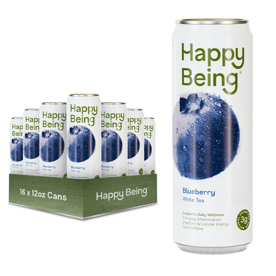Happy Being front can showing blueberry white tea branding and refreshing look