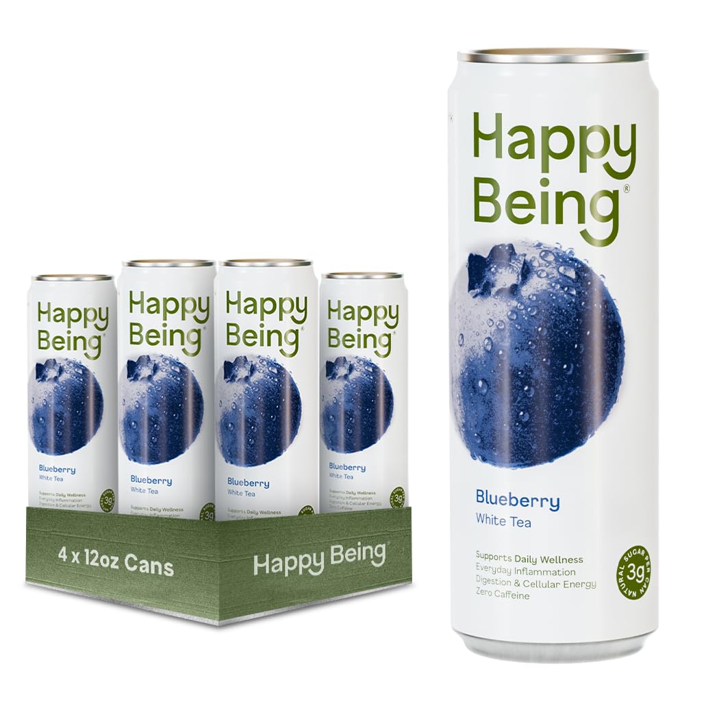 happy being front can showing blueberry white tea and vibrant label, appealing refreshment