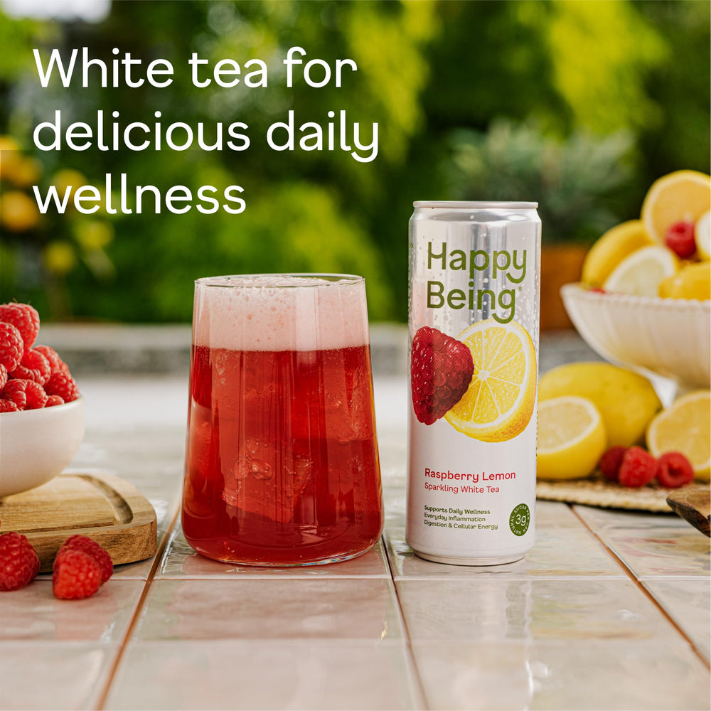 happy being can closeup label highlighting ingredients and brand benefit: readable ingredient callout